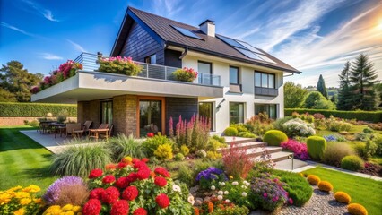 Modern eco-friendly suburban house with sleek solar panels installed on a bright blue sky background and lush greenery surroundings.