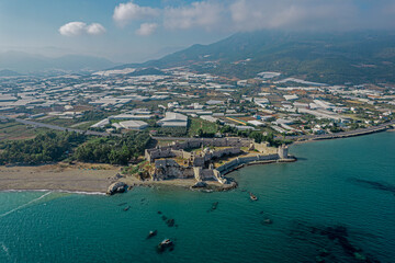 Aerial view of the Mamure Castle or Anamur Castle in Anamur Town, Turkey