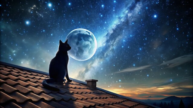 Silhouette of a curious cat sitting on a moonlit rooftop surrounded by vibrant stars and celestial bodies in darkness.