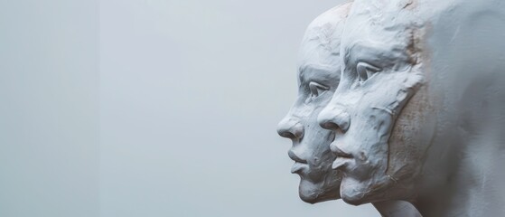 Close-Up of White Sculpted Faces Against a Light Blue Background