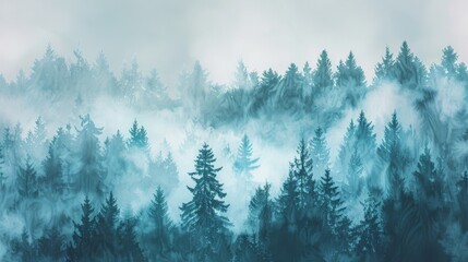 Watercolor foggy forest landscape illustration