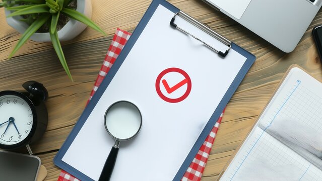Magnifying glass with document and notepad on wooden table, top view