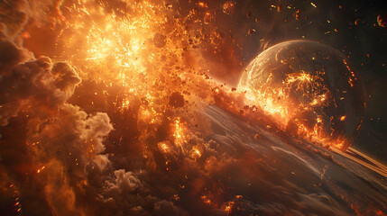 Fototapeta premium A dystopian solar planet experiencing the effects of a massive coronal mass ejection, with fiery explosions and atmospheric disturbances 