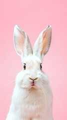 Obraz premium A lovely white bunny against a pink background, ideal for Easter or springthemed designs