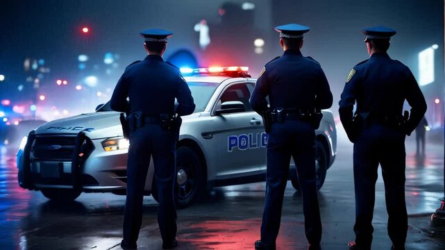Police officers at a patrol car on a rainy night. Police car next to cops