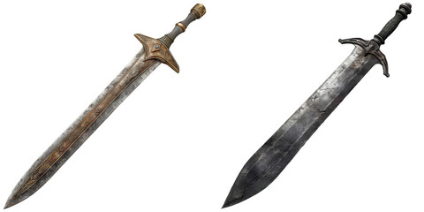 European Sword: History of Falchion Set Isolated on Transparent or White Background, PNG