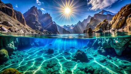 Vibrant blue sunlight filters down through crystal clear water, illuminating an expansive, bioluminescent deep sea abyss with towering underwater mountains.