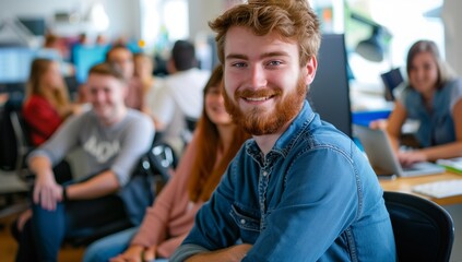 Office team smiling at camera, man with beard in blue shirt highlighted.