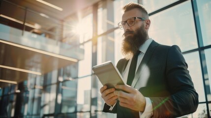 Fototapeta premium Bearded businessman holding tablet in light office, checking data through internet