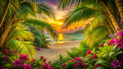 Fototapeta premium A beautiful bright tropical view from the island to the sunset among the spreading branches of palm trees. landscape view of the island