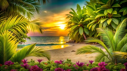 Fototapeta premium A beautiful bright tropical view from the island to the sunset among the spreading branches of palm trees. landscape view of the island