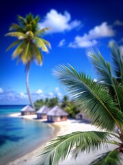 beautiful view from the island to the calm sea. There are small bungalows on the island , surrounded by greenery of foliage and palm trees