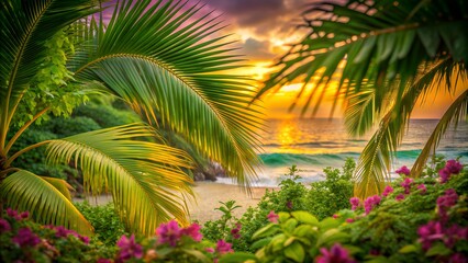Fototapeta premium A beautiful bright tropical view from the island to the sunset among the spreading branches of palm trees. landscape view of the island