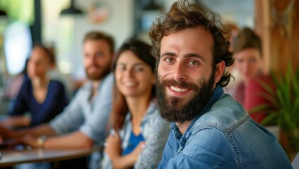 Obraz premium Happy office team in daylight, focus on man with beard and blue shirt.