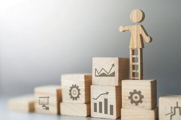 Wooden blocks with an upward arrow and growth chart, featuring a gears icon on a white background. A businesswoman climbs a ladder to success, with a line graph indicating a growing business target