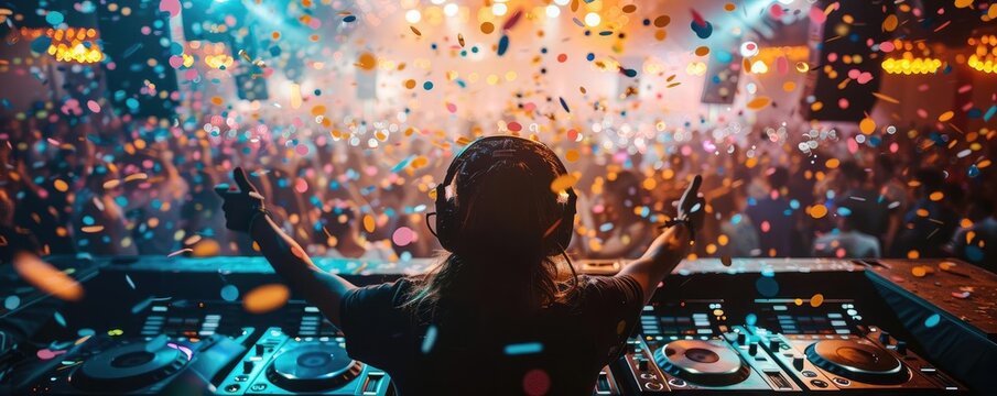 DJ at a party, disco lights illuminating the booth, confetti filling the air copy space, music event, dynamic, composite, DJ booth backdrop