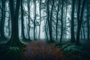 Panorama of foggy forest. Fairy tale spooky looking woods in a misty day. Cold foggy morning in horror forest.