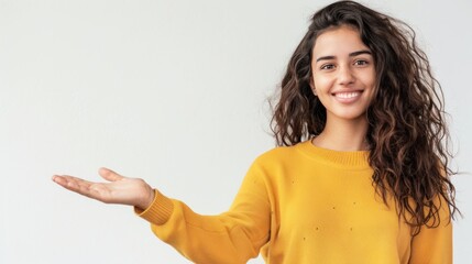 A beautiful young woman stands and smiles brightly. He held out his hand and opened it.