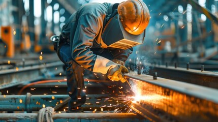 Worker in protective gear welding metal beams in a factory, creating sparks and illustrating industrial labor and craftsmanship.