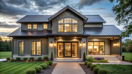 Rustic modern farmhouse exterior boasts sleek glass-enclosed front door, neutral gray tone, and abundant natural light, evoking serene countryside charm.