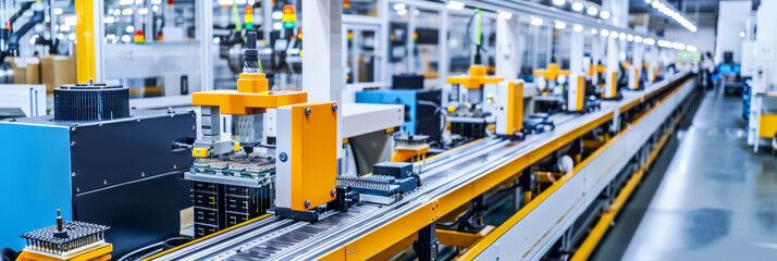 An electronics assembly line with soldering stations and circuit board testers, illustrating the machines that assemble electronic devices.