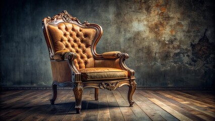 Elegantly distressed, ornate wooden vintage armchair with plush velvet upholstery and carved legs sits alone in a dimly lit room.