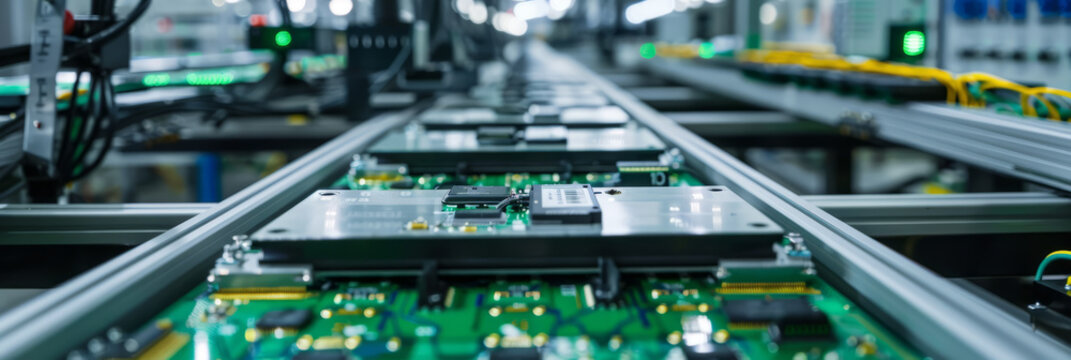 An electronics assembly line with soldering stations and circuit board testers, illustrating the machines that assemble electronic devices.