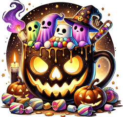 Watercolor Halloween, Ghost Party Halloween, Coffee Ghost Fantasy, Pumpkin, Spider, Commercial Use