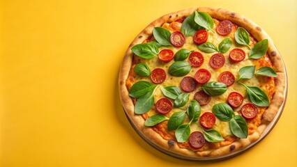 Scrumptious cheese and tomato pizza garnished with fresh basil leaves