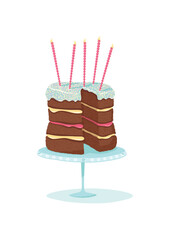 Cut cake with frosting and long candles on a cake stand. Isolated vector illustration on the white background