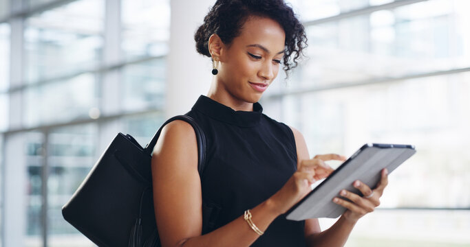 Tablet, woman and search online for information, communication and workshop with technology. Conference, networking and businesswoman for seminar for law practice, internet and directions to hall