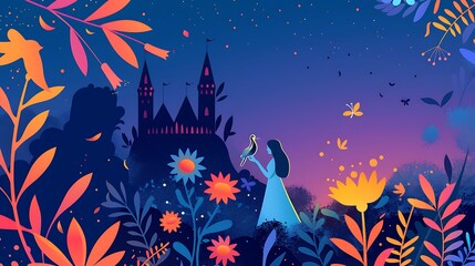 Mystical Dreamlike Garden with Magical Castle and Mysterious Girl