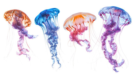 Four jellyfish with different colors and sizes