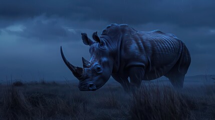Fototapeta premium The rhinoceros created a supernatural scene, its horn radiating a powerful aura under the twilight sky