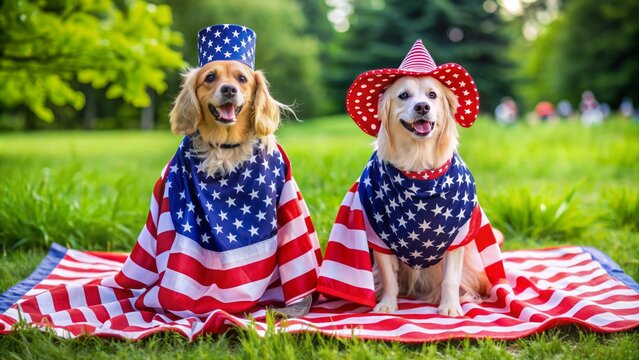 Two lovable canines adorned in patriotic attire, featuring star-spangled patterns, sit side by side on a colorful outdoor blanket.
