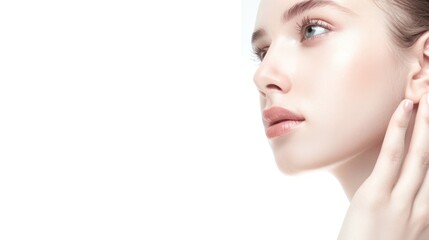 Naklejka premium Radiant Beauty - Elegant Woman with Flawless Skin in Skincare and Beauty Concept on White Background with Studio Light, Generative Ai