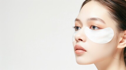 Fototapeta premium Radiant Beauty Routine - Woman Applying Under-Eye Patches in Studio Light on White Background. Beauty and Skincare Concept., Generative Ai