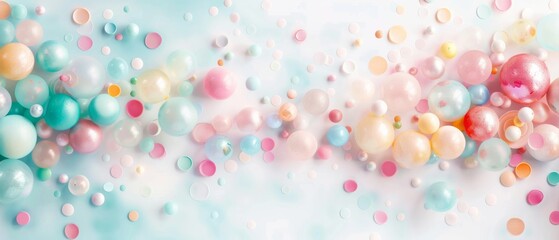 Colorful pastel balloons and confetti create a festive atmosphere on a light blue background, perfect for celebration visuals.