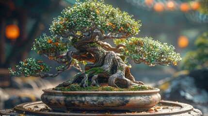 Fototapeta premium Ancient Bonsai Tree with Blooming Flowers