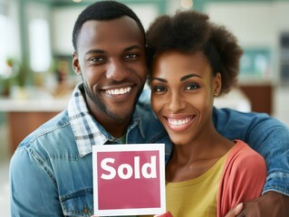 Happy Couple Celebrates New Homeownership with a 'Sold' Sign, Embracing Their Dream Home, New Homeowners Joy, Home Buying Success, Real Estate Milestone, Excited Couple, Homeownership Goals Achieved