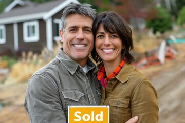 Happy Couple Celebrates New Home Purchase with 'Sold' Sign, Dream Home, Real Estate, Property, Ownership, Success, Investment, Mortgage, Homeowner, Family, Keys, Move In, New Beginnings, House