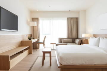 Luxury hotel room in neutral and beige colors with copy space. Hotel Real Estate investment conceptual image.
