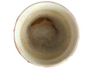 Cup of coffee isolated on white. Cup of coffee with foam. Tow view. 