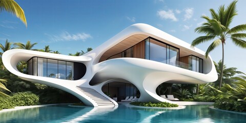 modern house with a curved roof and large glass windows, surrounded by lush greenery and a clear blue water body, giving a serene tropical ambiance.