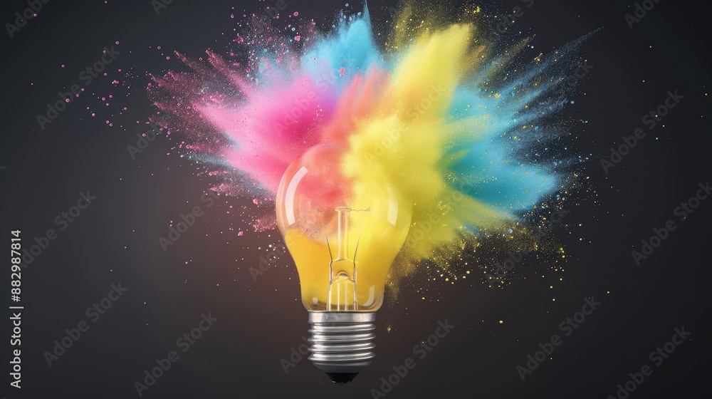 Poster a light bulb is exploding with colorful sparks