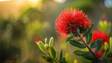 Red Pohutukawa flower against blurred background in New Zealand