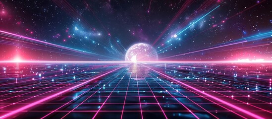 Obraz premium Retrofuturistic Sci-Fi Landscape with Pink and Blue Neon Lights