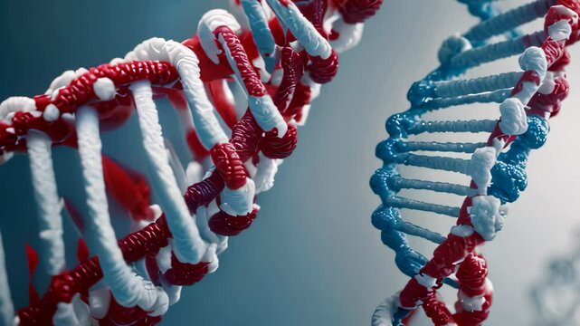 Video animation of close up view of a DNA double helix structure against a blurred blue background