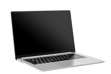PNG cutout of modern silver laptop with blank screen on transparent background