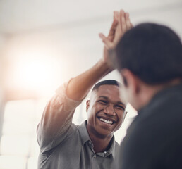 High five, smile and support with business people in office together for celebration, motivation or...